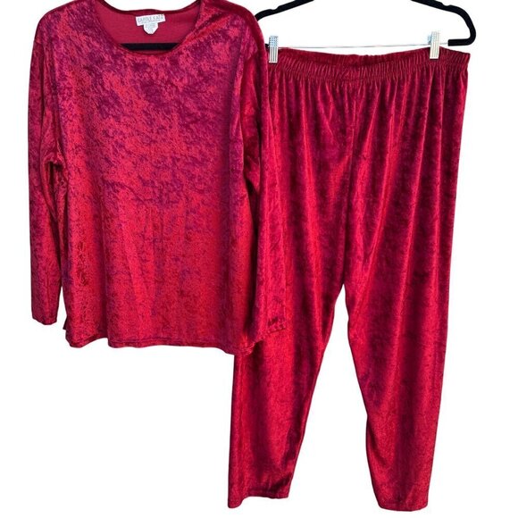 Carole Katz Vintage Red Velvet Burnout 2-Piece Stretch Lounge Top Pants Set L - Picture 1 of 11